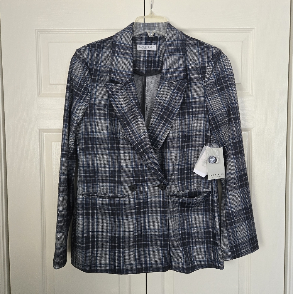 NWT Bagatelle Collection Plaid Grey/Blue/Black Women's Blazer